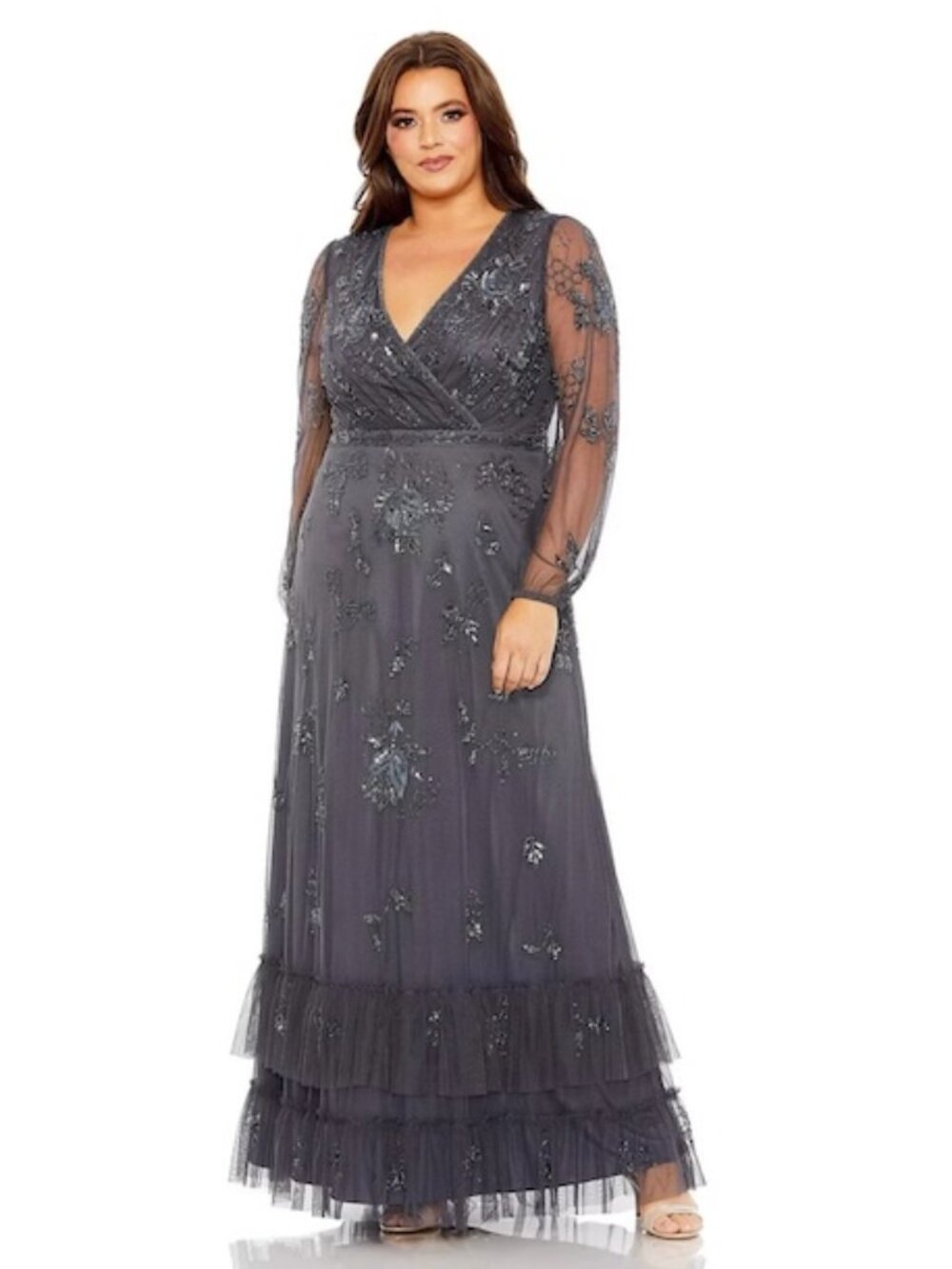 Mac Duggal Charcoal Gray V-Neck Tiered Embellished Tulle Gown